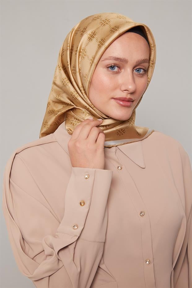 Camel Mini Yonca Desen Twill İpek Eşarp
