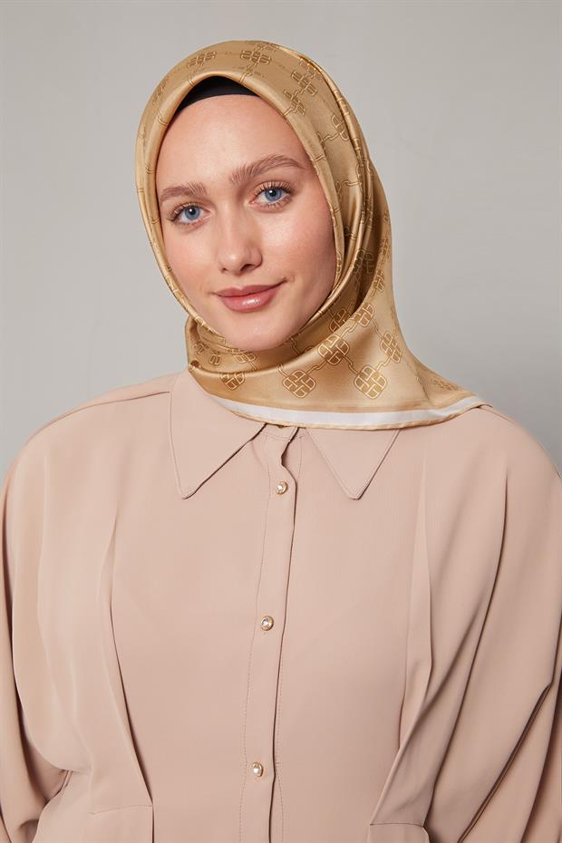 Camel Mini Yonca Desen Twill İpek Eşarp