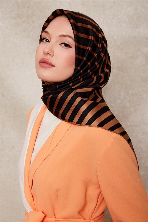 Camel Şerit Desenli Twill İpek Eşarp