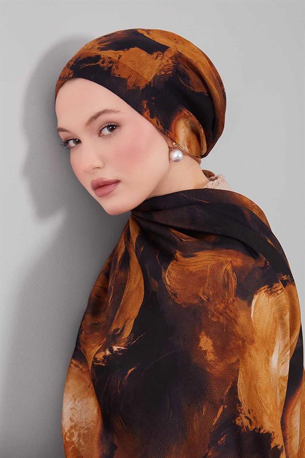 Camel Soyut Desen Yün İpek Şal