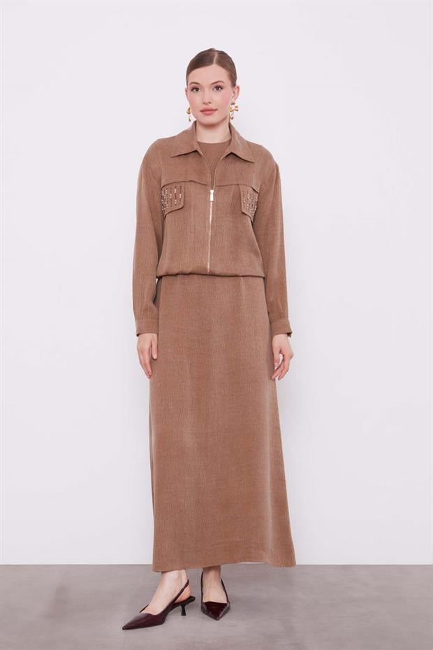 Camel Taş Detaylı Fermuarlı Ceket Takım