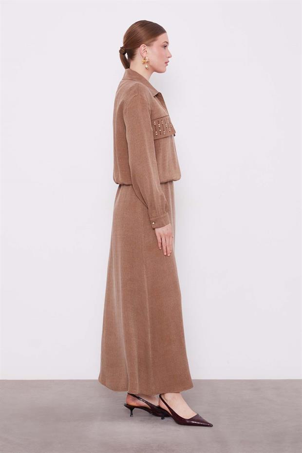 Camel Taş Detaylı Fermuarlı Ceket Takım