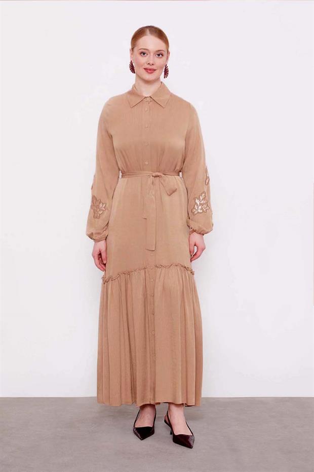 Camel Taş İşleme Detaylı Cupra Elbise