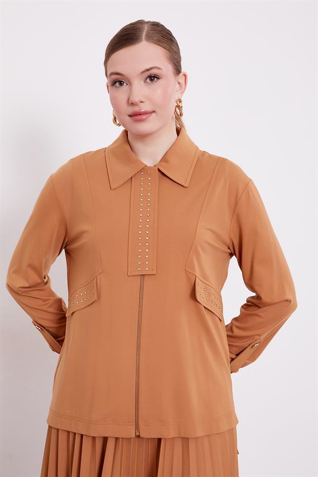 Camel Taş Yaka Detay Piliseli Etek Takım