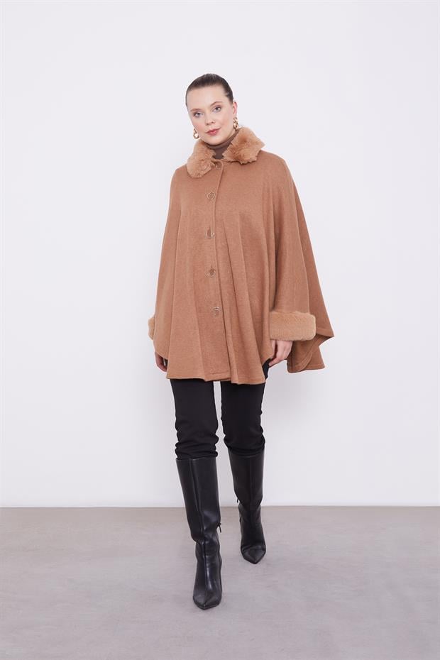 Camel ürk Detaylı Kaşmir Panço