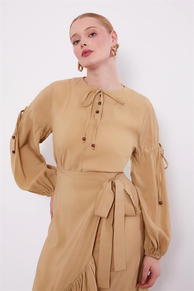 Camel Yandan Bağlamalı Etek Takım