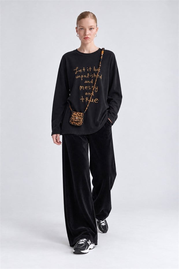 Çanta Detaylı Bisiklet Yaka Sweatshirt Siyah