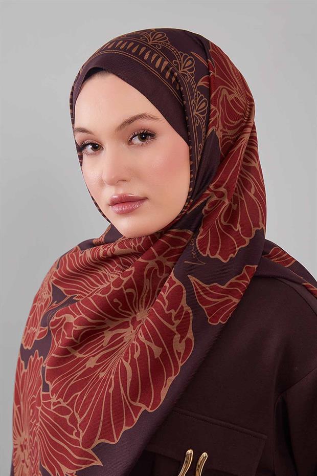 Çikolata - Kahve Çiçek Desenli Yün İpek Şal