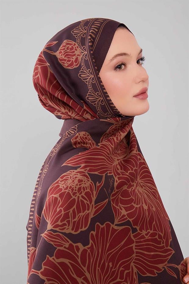 Çikolata - Kahve Çiçek Desenli Yün İpek Şal