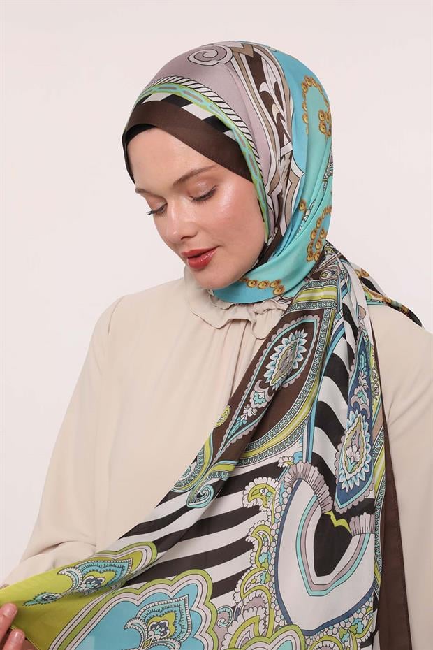 Çikolata - Kahve Çizgili Hint İpeği Şal