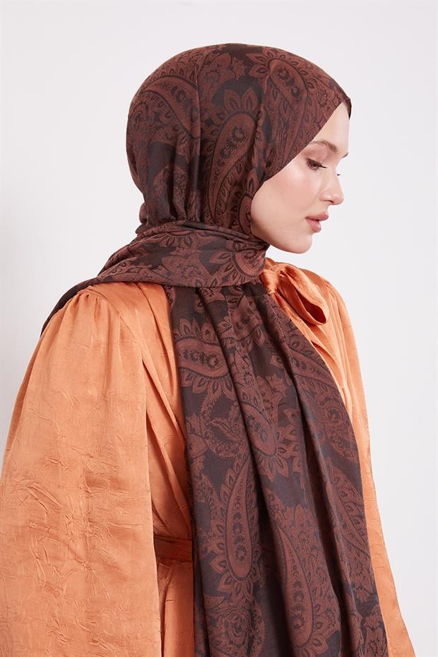 Çikolata Kahve Etnik Desen İtalyan Jakar Şal