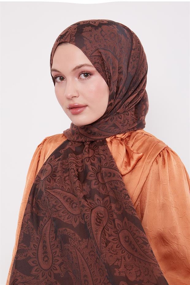 Çikolata Kahve Etnik Desen İtalyan Jakar Şal