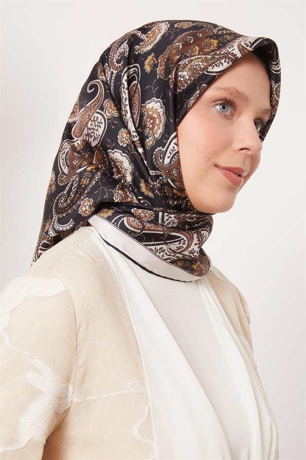 Çikolata - Kahve Karışık Retro Twill İpek Eşarp