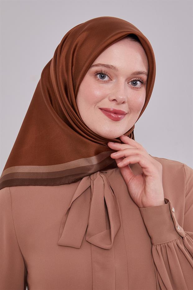 Çikolata - Kahve Kenar Bordürlü Twill İpek Eşarp