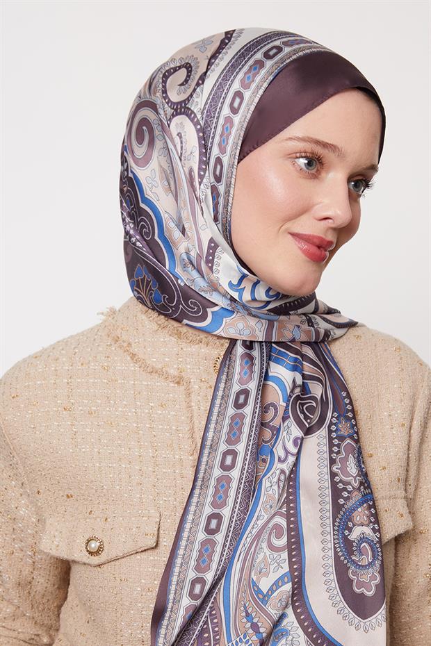 Çikolata - Kahve Kenar Desen Hint İpeği Şal