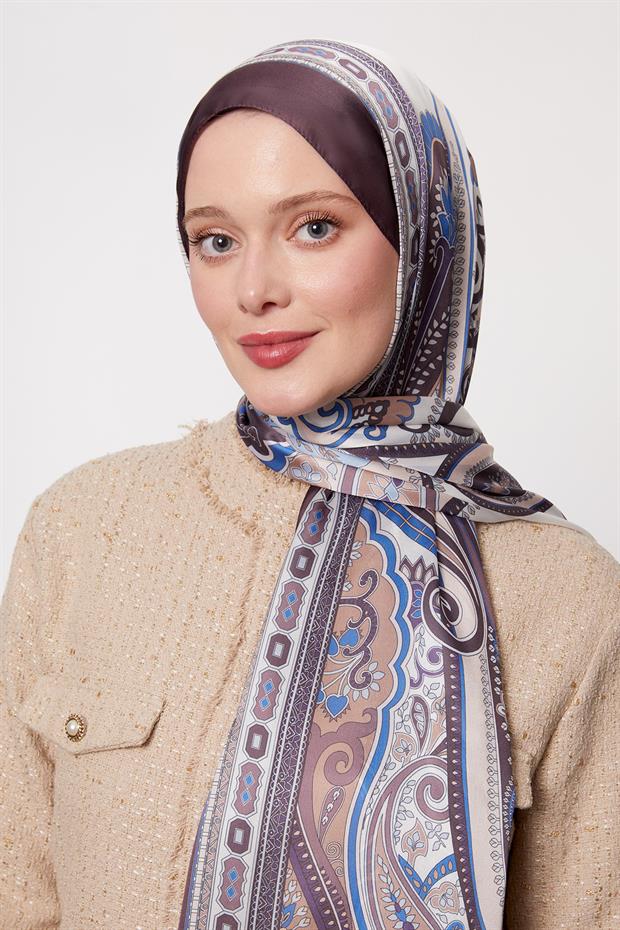 Çikolata - Kahve Kenar Desen Hint İpeği Şal