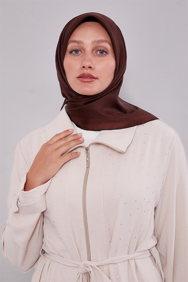 Çikolata Kahve Kenar Şeritli Monogram İpek Eşarp