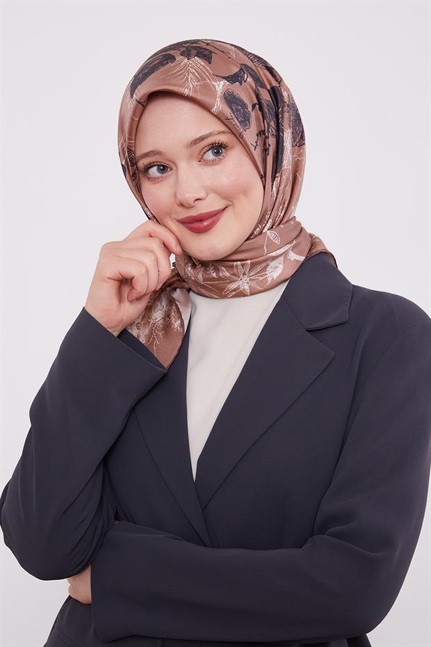 Çikolata - Kahve Soyut Gül Desen Twill İpek Eşarp
