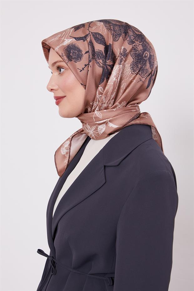 Çikolata - Kahve Soyut Gül Desen Twill İpek Eşarp
