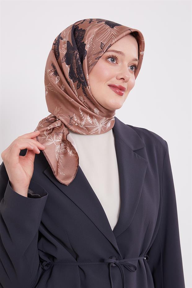 Çikolata - Kahve Soyut Gül Desen Twill İpek Eşarp