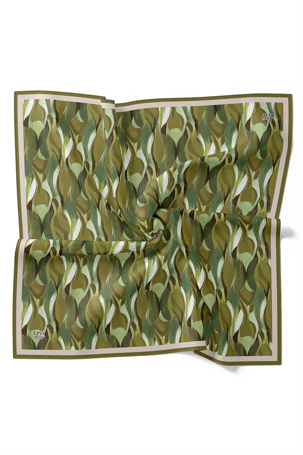 Çimen Yeşili Ebruli Desen Twill İpek Eşarp