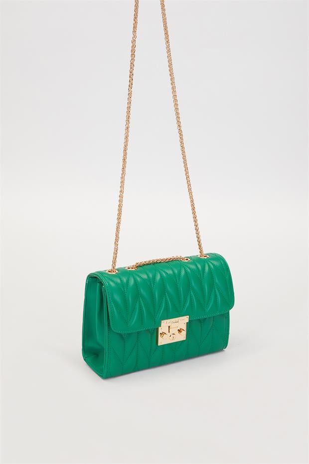 Çimen Yeşili Gold Zincirli Kapitone Omuz Çantası