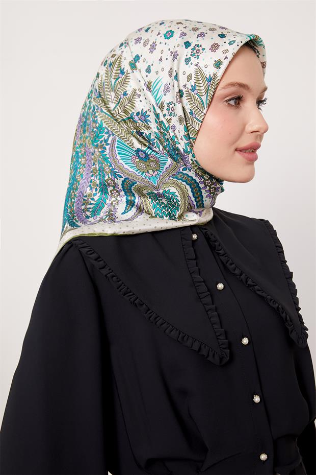 Çimen Yeşili Yaprak  Desen Twill İpek Eşarp