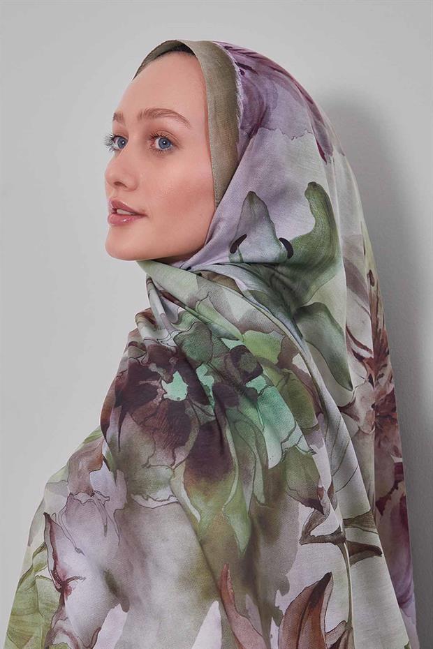 Çimen Yeşili Zambak Baskılı Sport Şal