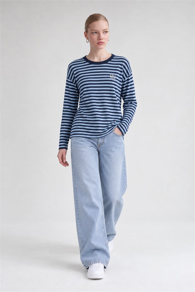 Çizgili Sweatshirt Açık Mavi