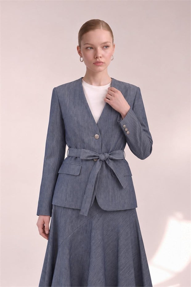 Denim Etek Ceket Takım Mavi