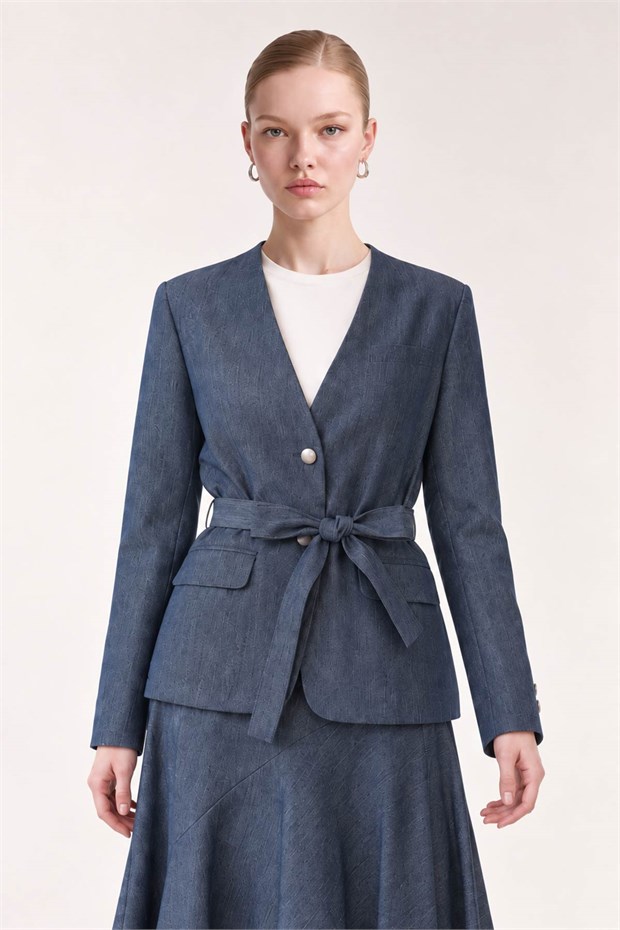 Denim Etek Ceket Takım Mavi