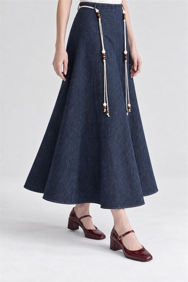 Denim Klasik Kesim Etek Mavi