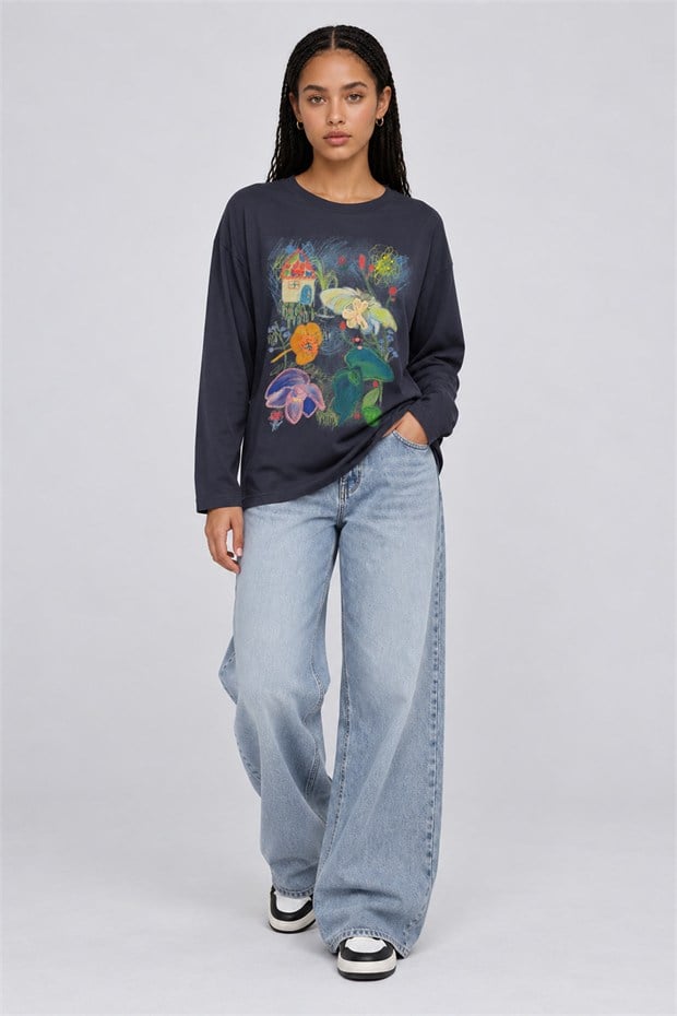 Desenli Düşük Omuz Sweatshirt İndigo