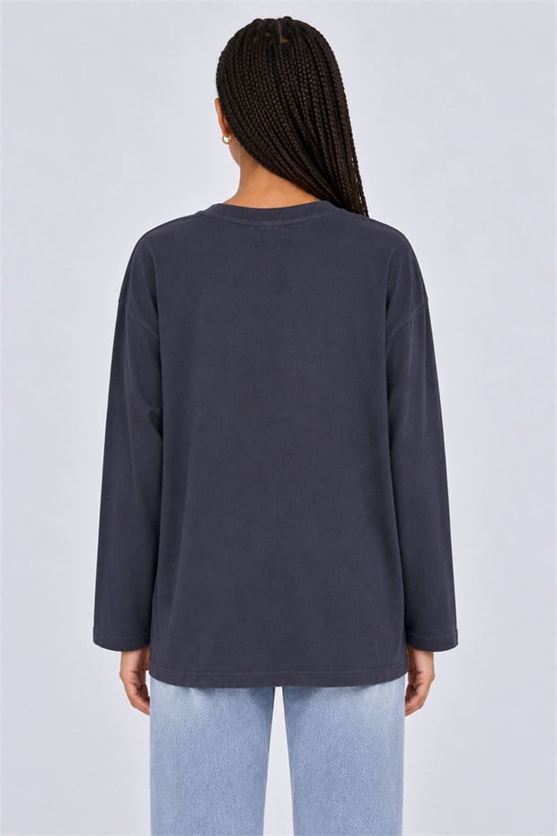 Desenli Düşük Omuz Sweatshirt İndigo