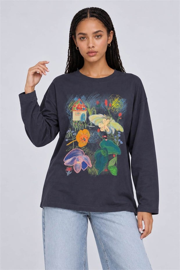 Desenli Düşük Omuz Sweatshirt İndigo