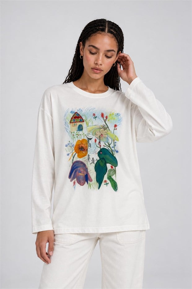 Desenli Düşük Omuz Sweatshirt Kırık Beyaz