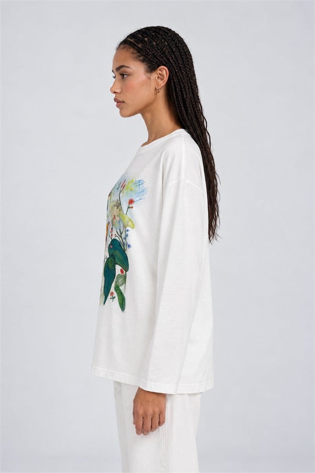 Desenli Düşük Omuz Sweatshirt Kırık Beyaz