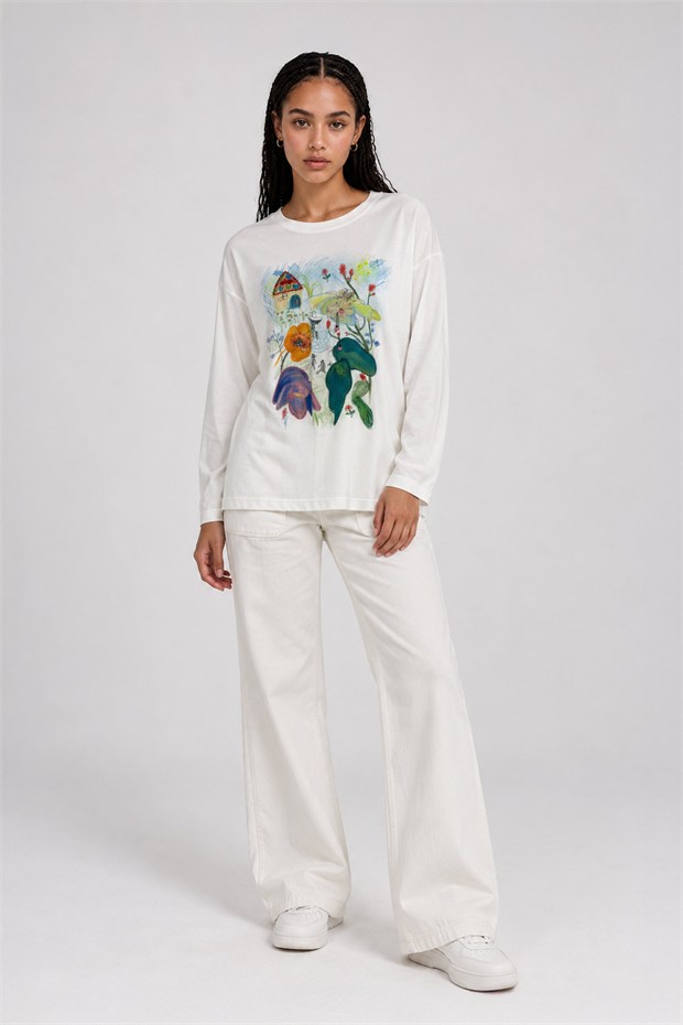 Desenli Düşük Omuz Sweatshirt Kırık Beyaz
