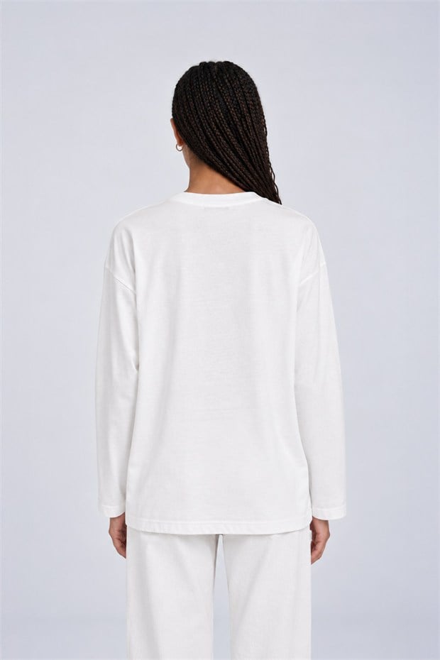 Desenli Düşük Omuz Sweatshirt Kırık Beyaz