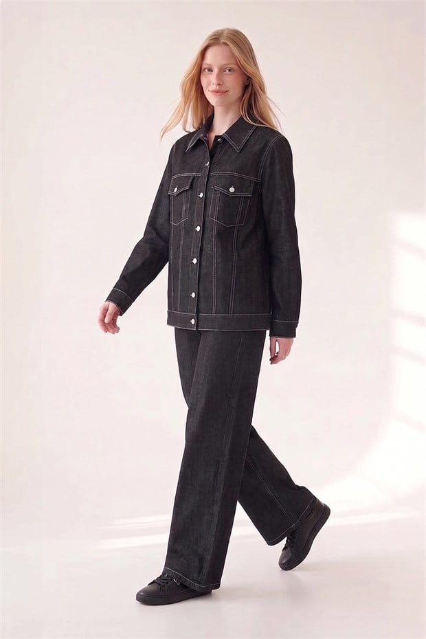 Dikiş Detaylı Denim Ceket ve Pantolon İkili Takım Siyah