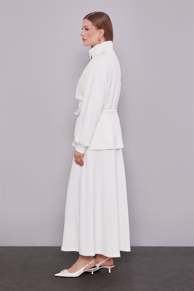 Ekru Belden Bağlamalı Etek Takım