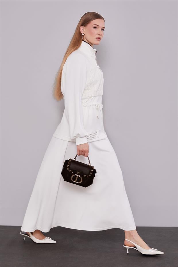 Ekru Belden Bağlamalı Etek Takım