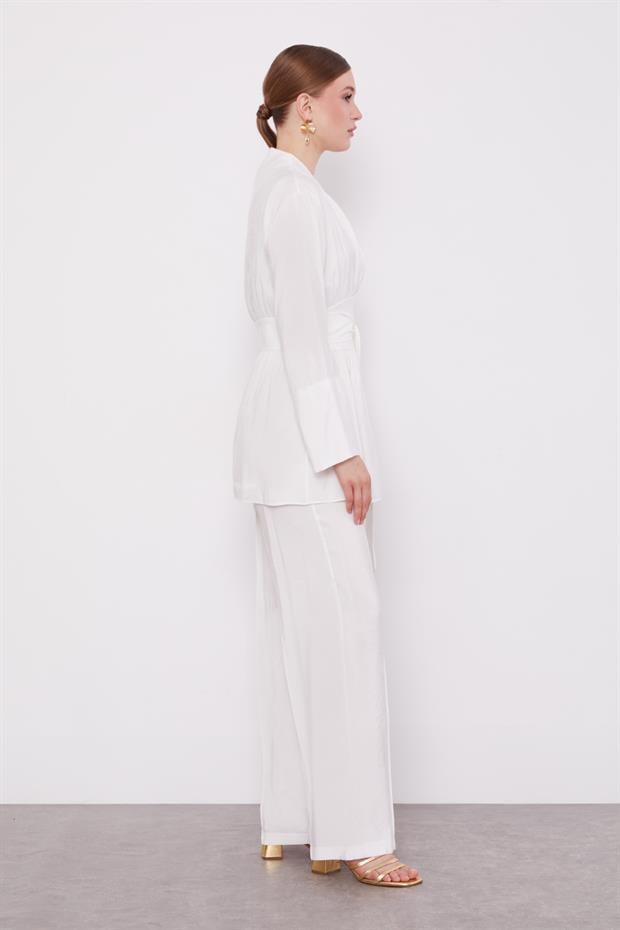 Ekru Belden Kuşaklı İkili Takım