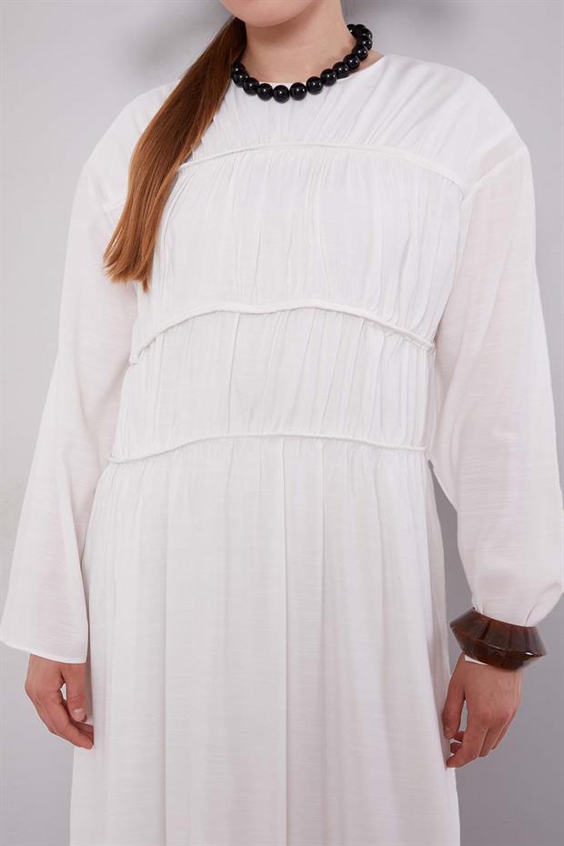 Ekru Büzgü Detaylı Elbise