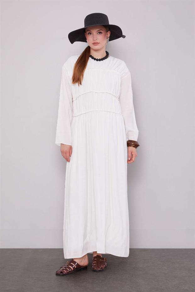 Ekru Büzgü Detaylı Elbise