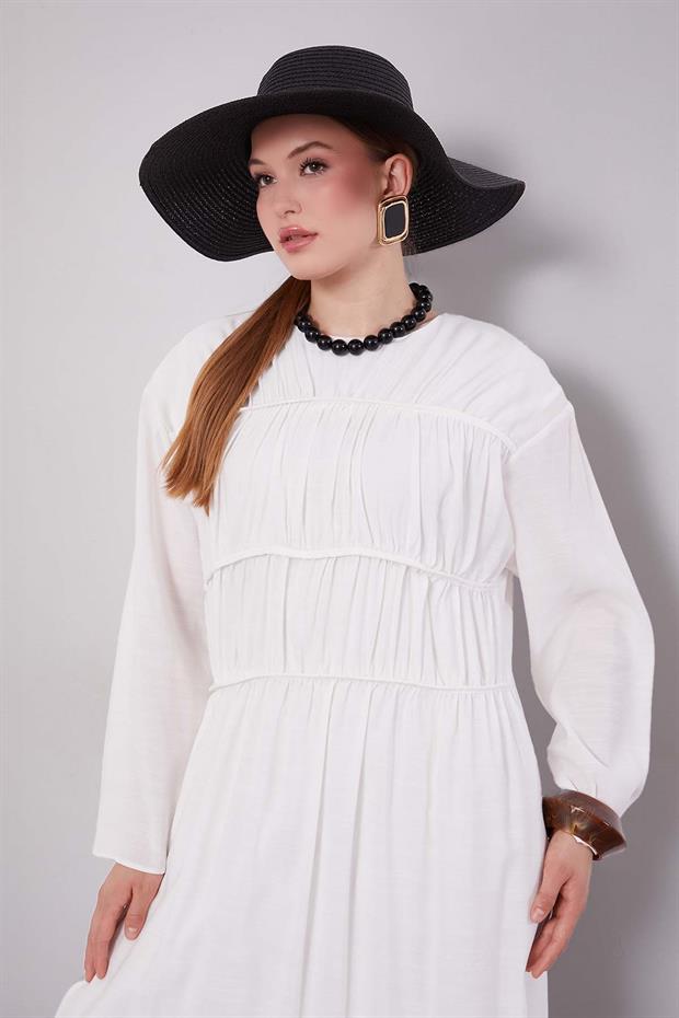 Ekru Büzgü Detaylı Elbise
