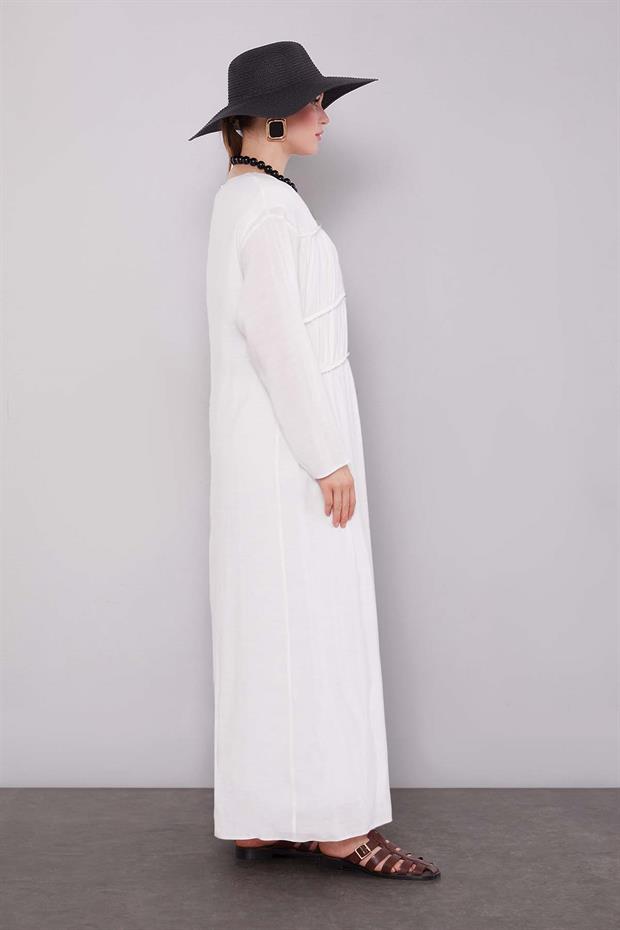 Ekru Büzgü Detaylı Elbise