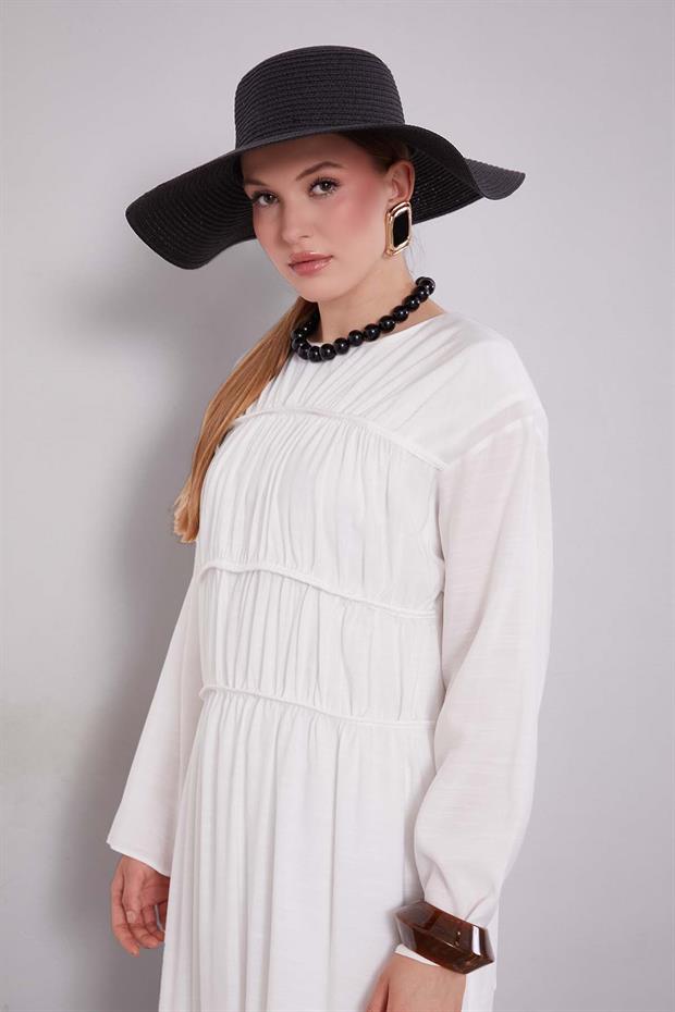 Ekru Büzgü Detaylı Elbise