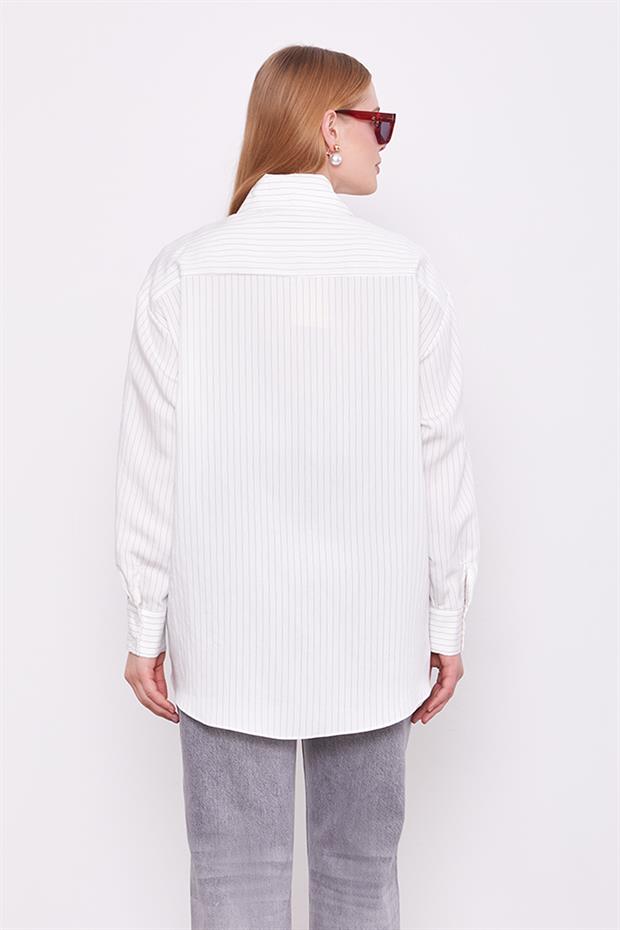 Ekru Cebi Çiçek İşleme Detaylı Gömlek