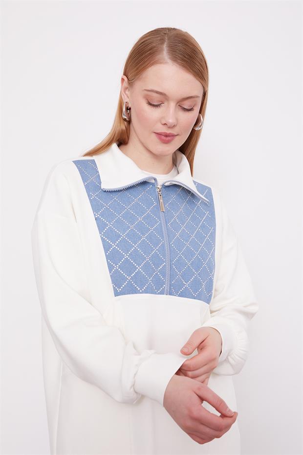 Ekru Denim Yaka Detaylı İkili Takım